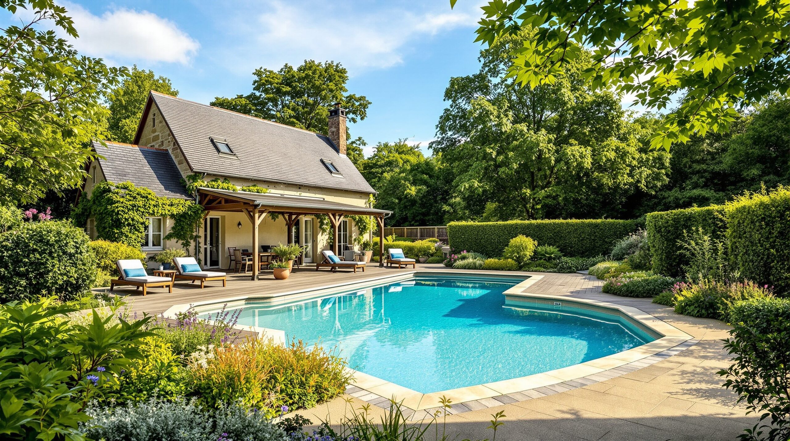Belle piscine entourée de verdure dans un jardin corrézien avec maison en pierre