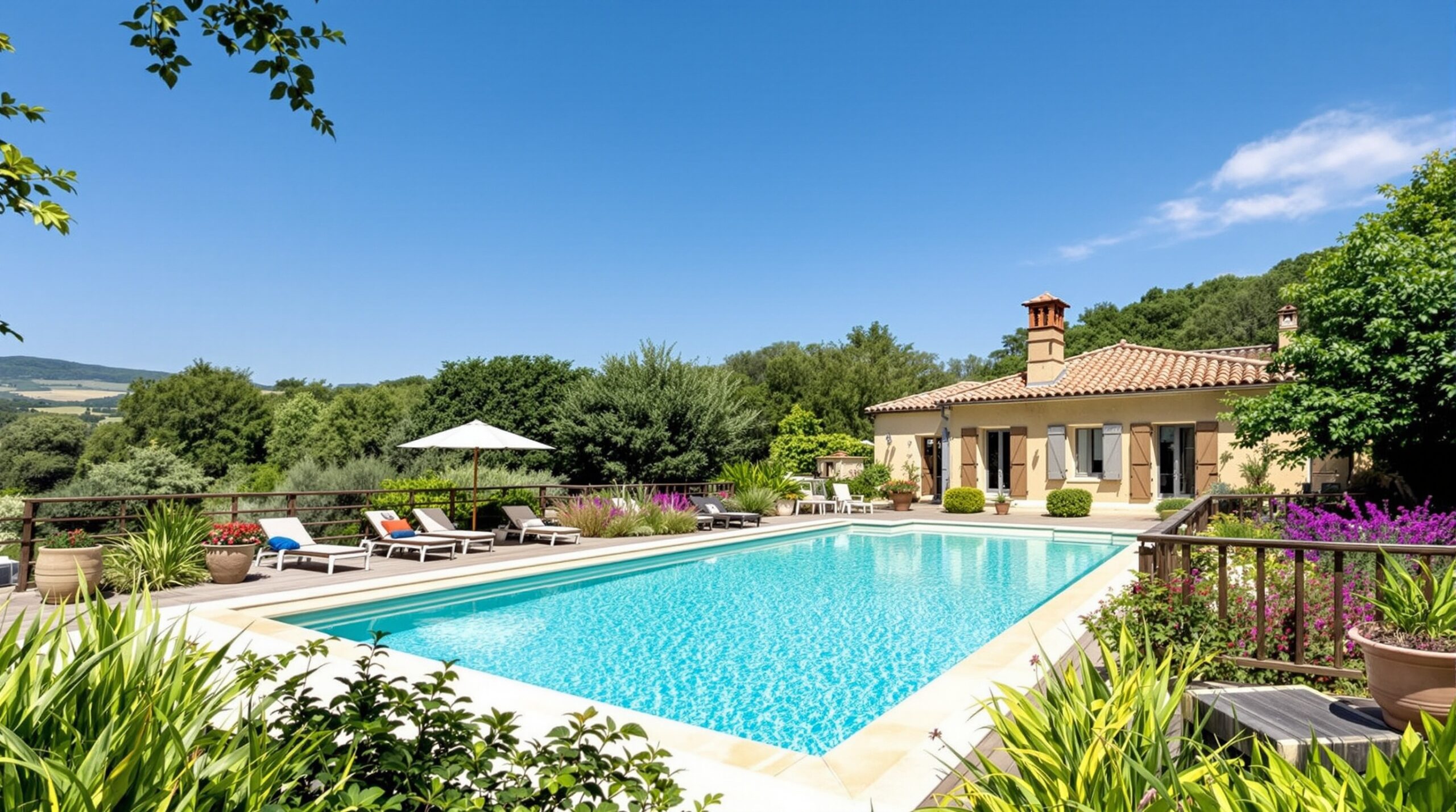 Belle piscine dans un jardin du Périgord avec maison en pierre dorée et terrasse en bois